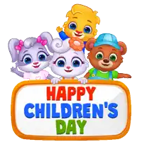 a sign that says happy children 's day with three animals holding it