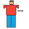 a pixel art drawing of a man in a red shirt and blue pants with the word noob .