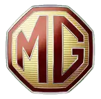 a red and gold mg logo with a white background