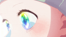 a close up of a girl 's eye with a rainbow colored iris