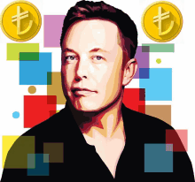 a painting of elon musk with two coins with a turkish symbol on them