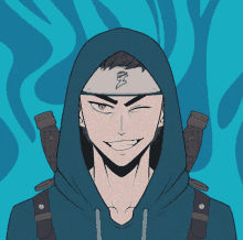 a drawing of a man wearing a hoodie and a bandana with a snake on it