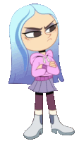 a cartoon girl with blue hair is standing with her arms crossed and looking angry