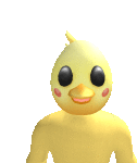 a yellow chicken with black eyes is standing on a white background .