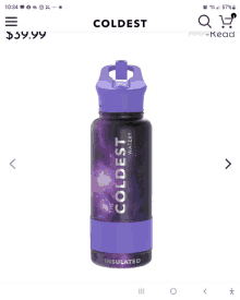 a coldest water bottle with a purple lid and straw