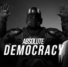 a poster for absolute democracy with a man in armor