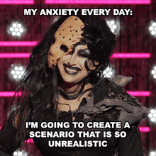 a woman with a mask on her face says " my anxiety every day