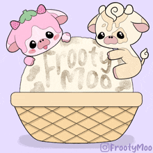 a drawing of two cows standing next to an ice cream cone that says frosty moo