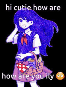 a girl with purple hair is holding a basket of fruit and says " hi cutie how are you ily "