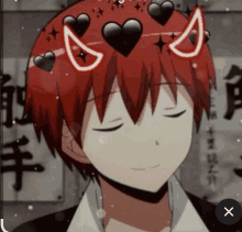 a cartoon character with red hair has hearts on his head