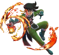 a cartoon character is holding a sword with flames around him