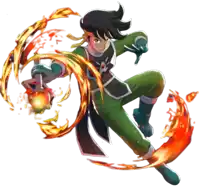 a cartoon character is holding a sword with flames around him