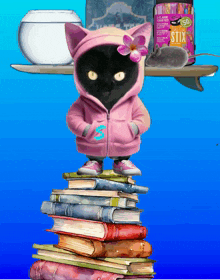 a cat wearing a pink hoodie is standing on a pile of books