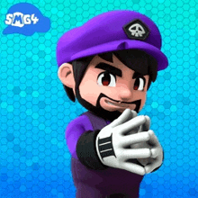 a cartoon character wearing a purple hat and gloves is holding something in his hands .