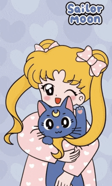 a girl is holding a cat with the words sailor moon above her