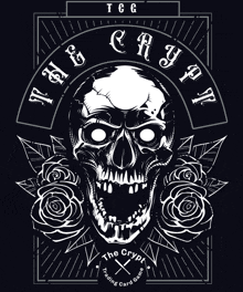 a black and white drawing of a skull and roses with the words the crypt trading card game below it