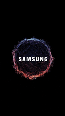 a samsung logo is displayed in a circle on a black background