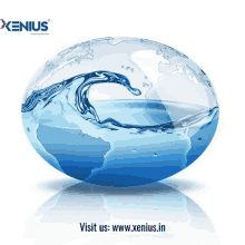 an advertisement for a company called xenius shows a blue globe filled with water