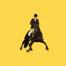 a person riding a black horse on a yellow background with arrows pointing in opposite directions