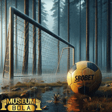 a soccer ball that says ' sbobet ' on it in front of a goal