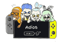 a group of cartoon characters holding a sign that says adios on it