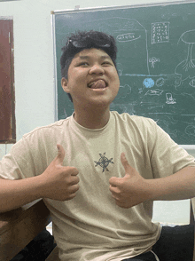 a young man giving a thumbs up in front of a blackboard that says ' arithmetic ' on it