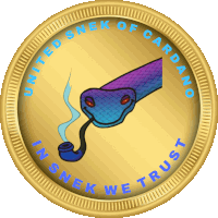 a gold coin with a snake smoking a pipe and the words united snek of cardano insnek we trust