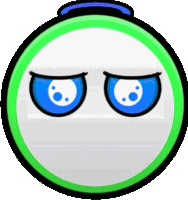 a cartoon smiley face with blue eyes and a green circle