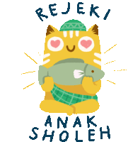 an illustration of a cat holding a fish with the words " rejeki anak sholeh " below it