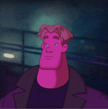 a pink cartoon character with a purple jacket