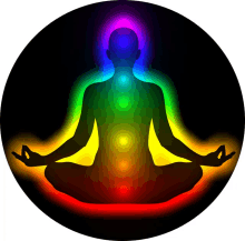 a silhouette of a person sitting in a lotus position with a rainbow of chakras surrounding them