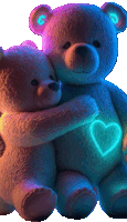 two teddy bears are hugging each other with a heart on their chests