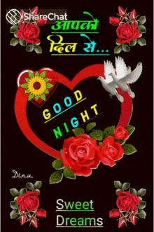 a good night sweet dreams greeting card with roses and a dove