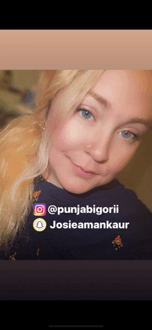 a close up of a woman 's face with the words punjabigorii josieamankaur on the bottom