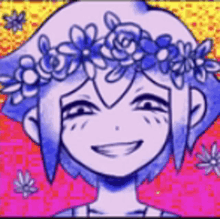 a cartoon girl with a flower crown on her head is smiling and wearing a flower crown .