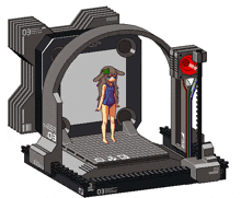 a girl in a blue swimsuit is standing in front of a machine that says 03