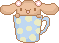 a pixel art drawing of a dog sitting in a cup .