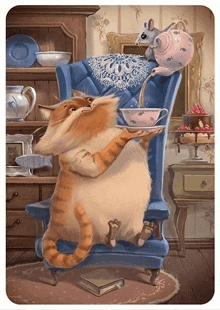 a cat sitting in a chair holding a cup of tea and a teapot