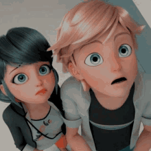 a boy and a girl from miraculous ladybug are standing next to each other and looking at the camera .