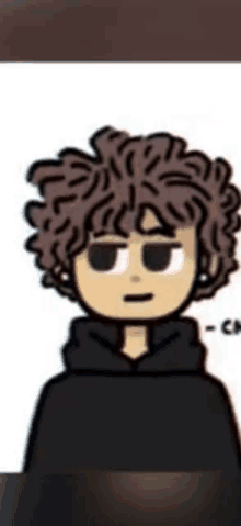 a cartoon drawing of a person with curly hair and a black hoodie