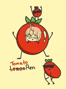 a drawing of a girl in a tomato with the words tomato lemon ren on the bottom