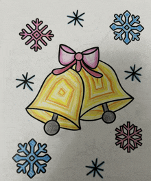 a drawing of a pair of bells with snowflakes around them