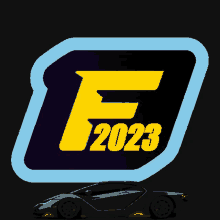 a black car is in front of a logo that says e2023