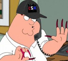 a cartoon character is wearing a hat that says c5m on it