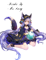 a drawing of a girl with long purple hair and a fox 's tail is rendered by mei duing