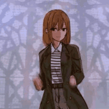 a drawing of a girl in a trench coat and striped shirt standing in front of a window .