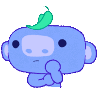 a blue cartoon character with a leaf on its head