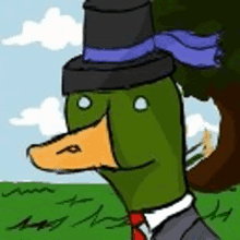 a duck wearing a top hat and tie is standing in a grassy field .