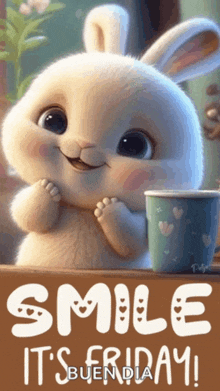 a smiling bunny with a cup of coffee and the words smile it 's friday