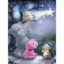 a painting of teddy bears and hedgehogs looking at a star in the sky .